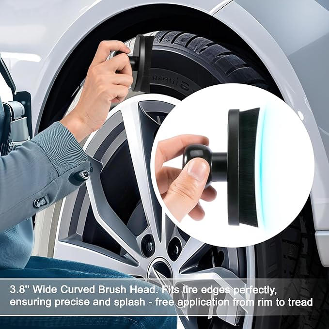 Yoseng Tire Shine Brush - Curved Brush Head & Large 3.8'' Tire Dressing Applicator with Storage Stand for Automotive Detailing, Car Enthusiasts, DIY Users (Vegan, Washable, Black)