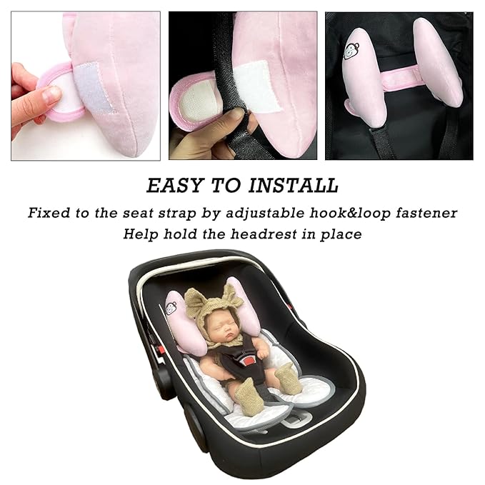 Adjustable Head Neck Pillow for Infant Car Seat, Portable Baby Travel Pillow for Stroller, Banana Shape Headrest Support Pillow, Comfortble Toddler Neck Pillow for Pushchair,Swing, Light Pink