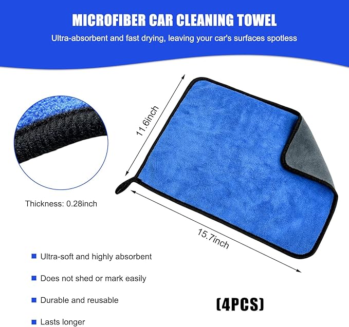 4PCS Microfiber Towels for Car, 12" x 16" 600GSM Cleaning Rags Ultra Absorbent Dusting Cloth, Scratch-Free Drying & Detailing Towel Wash Cloths for Car Interior & Exterior