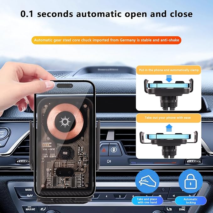 Wireless Car Charger,15W Fast Charging Auto-Clamping Car Charger Phone Mount Air Vent Cell Phone Holder Compatible iPhone，Car Accessories for iPhone 16 15 Pro Plus Max 14 13 12 (Black)