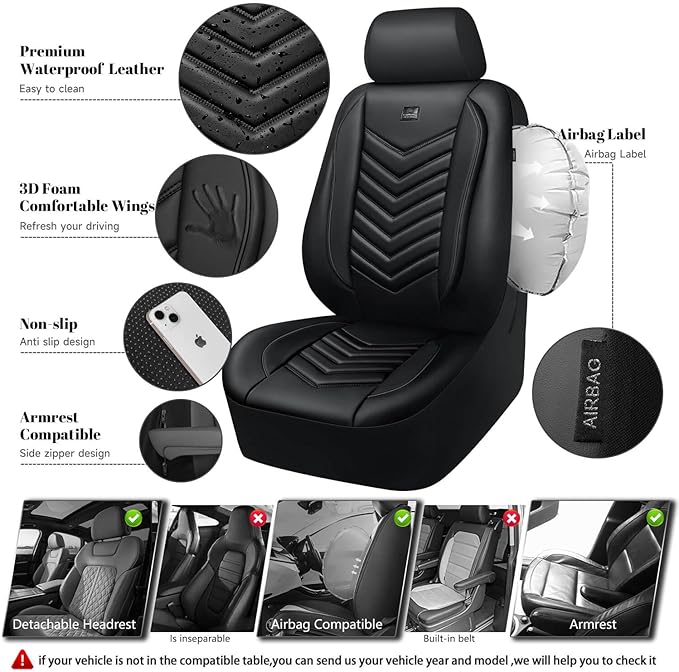 CAR PASS 3D Foam Faux Leather Car Seat Covers Full Set,Waterproof Leather Seat Cover for Cars,Luxury Universal Fit for SUV Truck Sedan Automotive, Armrest Airbag Compatible Anti-Slip, All Black