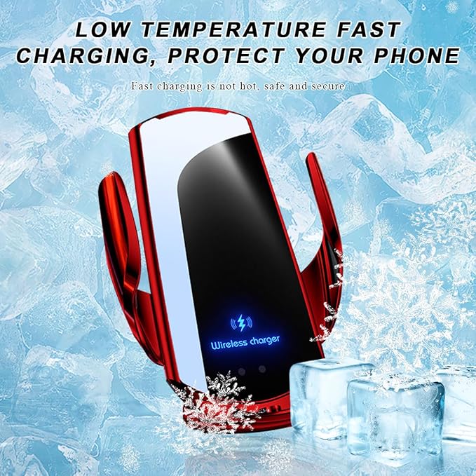 Wireless Car Charger, 15W Fast Charging Air Vent Mount Auto-Clamping Phone Holder, Automotive Electric Induction Charger 360° Rotating Magnetic Vent Mount Bracket for Smartphones (Red)