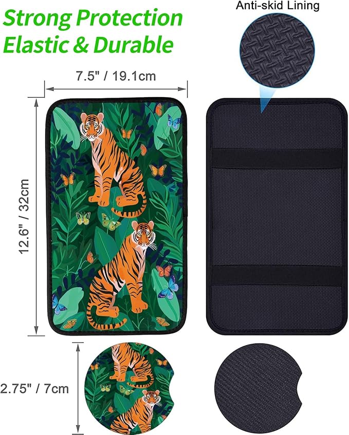 Car Armrest Cover Pads Universal Fashion Cute Auto Center Console Armrest Cover Pad with 2PCS Car Coasters Soft Waterproof Car Armrest Seat Protector for Women, Two Tiger Butterfly