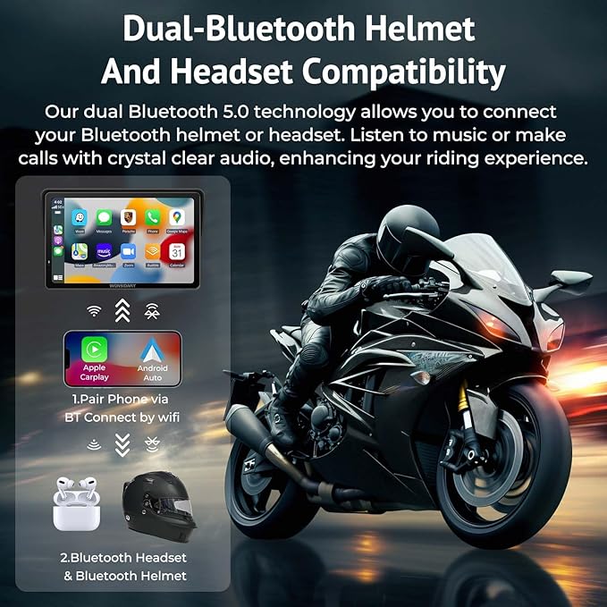 W722 for Motorcycle CarPlay & Android Auto,7" Waterproof Smart GPS Navigation System Screen,Car Play Moto with Light Sensor,Dual Bluetooth,Siri/G-Assist,EQ,USB/Hardwired Power Supply