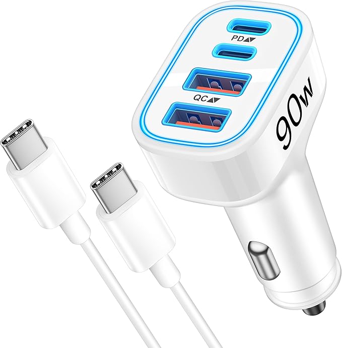 iPhone 17e 17 16 15 Pro Max Car Charger Fast Charging, 90W 4-Port USB C Car Charger 12-24V Cigarette Lighter Adapter with 3FT USB C Cable for iPhone 17/17 Pro Max/17e/16/16 Pro Max/15 Pro/Plus, iPad