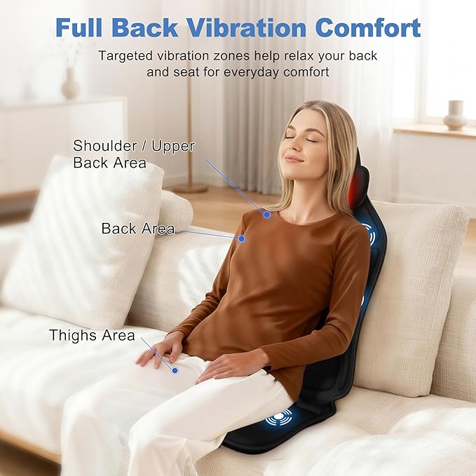 Massage Seat Cushion with Heat, Adjustable Neck Support, Breathable Lumbar Comfort, Gentle Vibration Back Massager for Office & Home Chair, Relaxation Gift