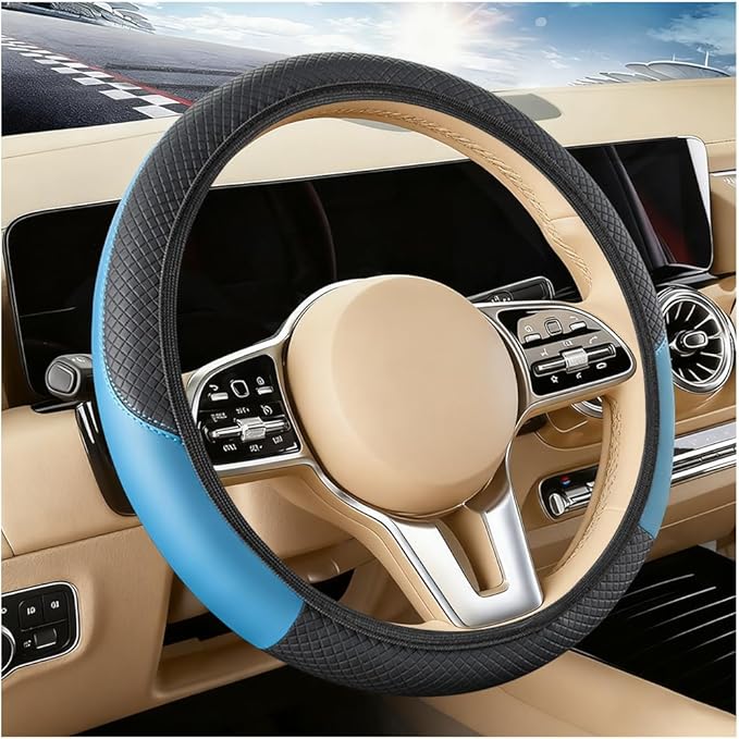 Car Steering Wheel Cover, Elastic Stretch Leather Non-Slip Vehicle Steering Wheel Guard, Automotive Interior Protective Decor Accessories, Universal for SUV RV Truck (Black/Blue)