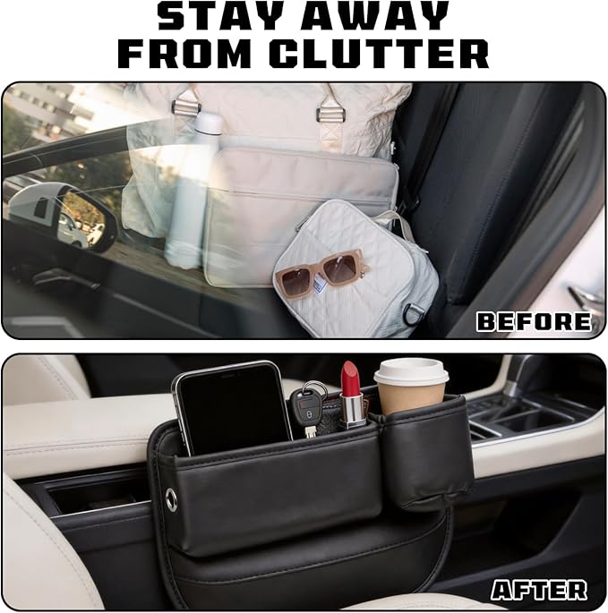 Car Leather Cup Holder Gap Bag, New Car Seat Gap Filler Organizer with Cup Holders, Console Organizer for Phone, Keys and Small Items, Universal Fit Essentials for SUV, Truck & Sedan (2pc)