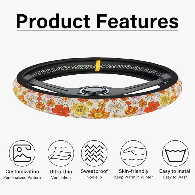Colorful Daisy Steering Wheel Cover, Orange Floral Print Steering Wheel Cover Protector for Women, Ultra-Thin with Personalized Pattern Design, for Steering Wheel with a Diameter of 14.5"-15"