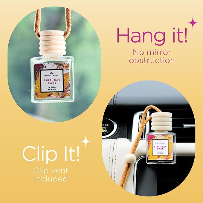Honestly Margo Birthday Cake Car Diffuser Air Freshener (0.34 Fl Oz, Pack of 1) – Stylish Scent Diffuser with Perfume – Must-Have Essentials for Women, Car Fresheners Long Lasting for a Fresh Drive