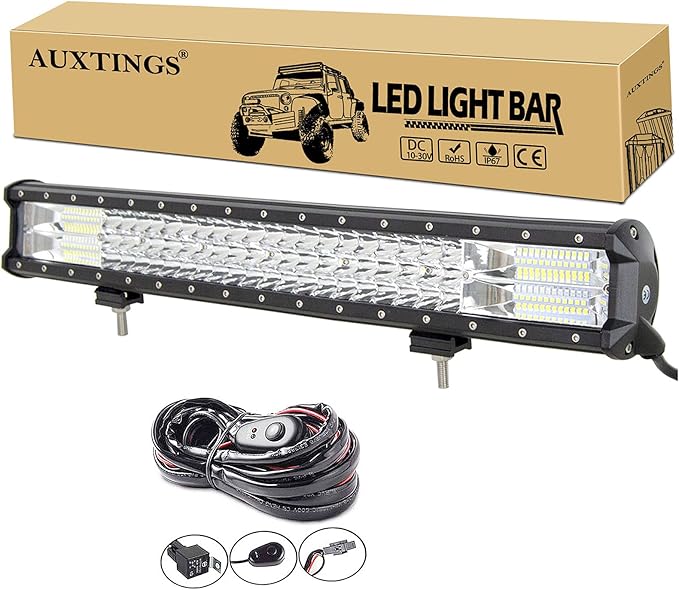 AUXTINGS 22 inch 324W LED Light Bar Triple Row Spot Flood Combo Beam Off Road Lights Waterproof Work Light with Wiring Harness for Jeep Trucks SUV ATV UTV Boat Lights, 12V 24V