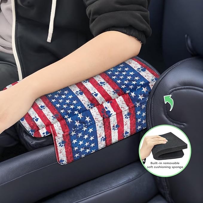 Car Center Console Cushion with Side Storage Bag, American Paw Easy Install Car Interior Accessories, Universal Armrest Cover Protector Arm Rest Pad for Car Seat Box