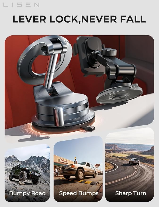 LISEN for Magsafe Car Mount, Magnetic Phone Holders for Your Car, Vacuum Phone Mount for Car Accessories for Women Men Jeep BMW, SuctionPro Gifts Kits, for iPhone 17 Pro Max 16 15 14 13 12