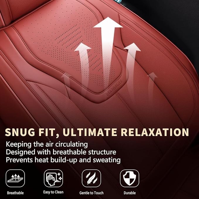 FLORICH Front Seat Covers for Cars, Luxury Waterproof Faux Leather Seat Covers Cushion, Car Seat Protectors Universal Fit for Most 5 Seats Vehicles - Red