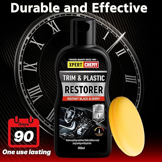 Plastic Restorer for Car with Foam Applicator, Black Trim Restorer, Bumpers and Rubber, Protects Against UV Rays, Long Lasting Shine, No Oily Residue