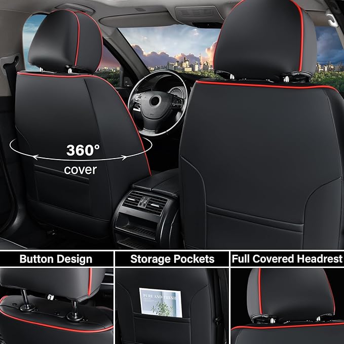Coverado Front Car Seat Covers, 2Pcs Leather Seat Covers for Cars, Car Seat Protector Front Seats Only Auto Car Accessories Fit for Most Sedans SUV Pick-up Truck(Black&Red)