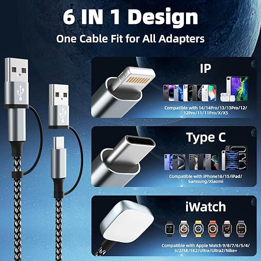 Travel 3 in 2 Charging Cable for iWatch Charger, Travel Essentials UB-A/USB-C Multi Charging Cable/Cord for All Devices Compatible for iWatch Ultra/SE/10-1, iPhone16 15 14, Android-5FT
