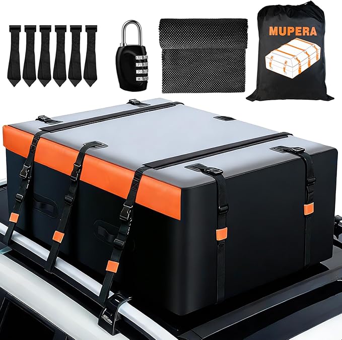 Mupera 21 Cubic Ft Car Roof Cargo Carrier, Waterproof Rooftop Cargo Carrier with Strip Includes Anti-Slip Mat, 6 Door Hooks & Combination Lock for All Vehicles with/Without Roof Rack