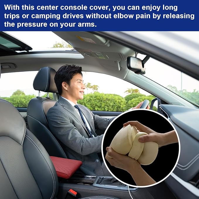 Ziciner Car Center Console Cover, Leather Memory Foam Armrest Cushion Protection Pad, Waterproof Hand Rest Pillow with Height Increase, Universal Accessory for Most Car (Wine Red #Angel)