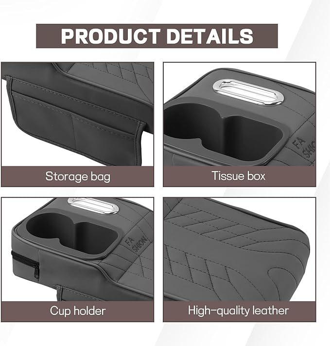 Car Center Console Armrest Pillow, 13.4"×7.5"×2" Leather Auto Arm Rest Cover with Pocket & Tissue Box & Cup Holder, Multifunctional Vehicle Armrest Cushion Pad, Car Accessories (Gray)