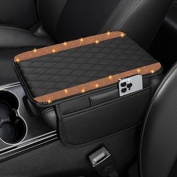 NBTEPEM Bling Car Center Console Cover, Leather Car Arm Rest Cover Cushion with 2 Storage Bags, Universal Auto Armrest Protector Storage Box, Bling Accessories Interior for Most Vehicles (Orange)