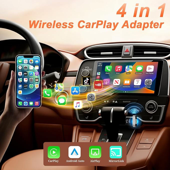 4 in 1 Wireless CarPlay Adapter with Screen Mirroring – Supports Apple CarPlay & Android Auto & AirPlay & MirrorLink, 2026 Upgraded screen mirroring dongle for car, USB-A/USB-C Connection, Plug & Play
