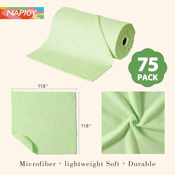 Napjoy Microfiber Cleaning Cloth Roll, 75PK Easy Tear Away Reusable Paper Towels, 12" x 12", Lint-Free and Scratch-Free with Patented Fiber Technology Microfiber Towel Roll, Green