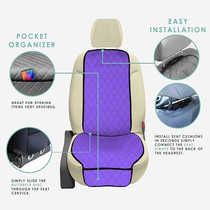 FH Group Car Seat Cushion – Neosupreme Single Front Seat Cover with Front Pockets, Airbag Compatible, Universal Fit Car Seat Cushion for Driver or Passenger Seat, SUV, Truck, Sedan & Van – Purple