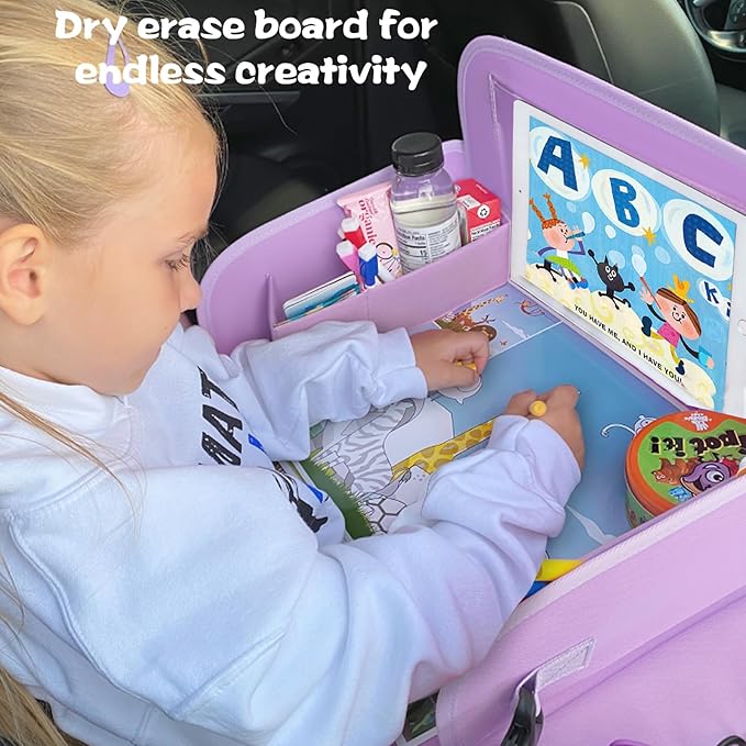 MENZOKE Kids Travel Tray for Toddler Car Seat, Toddler Gift for Girl Activities with Dry Erase Board & iPad Holder Stand, Road Trip Essentials Accessories Lap Tray for Girl as Birthday Gift, Purple