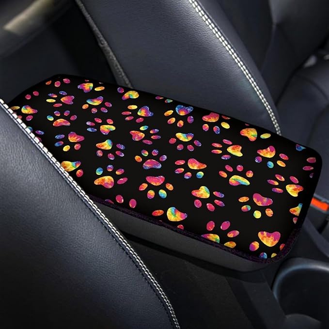Dreaweet Tie Dye Dog Paw Center Console Cover for SUV Cute Car Accessories for Women Car Armrest Cover Cushion Soft Comfy Car Arm Rest Cover Pad Universal for Most Vehicles