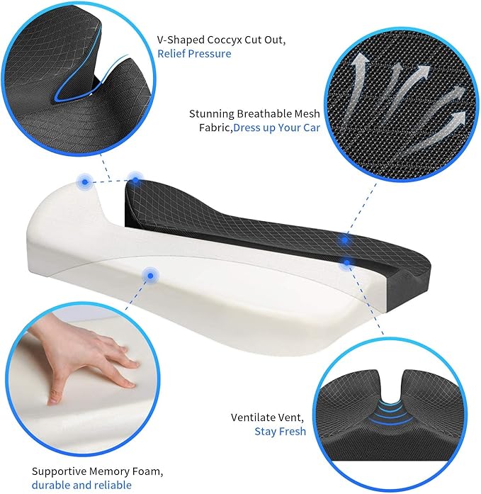 Car Seat Cushion for Car and Truck Driver Seat Office Chair Wheelchairs Coccyx Support Sciatica, Lower Back Pain Relief Memory Foam Car Seat Pad