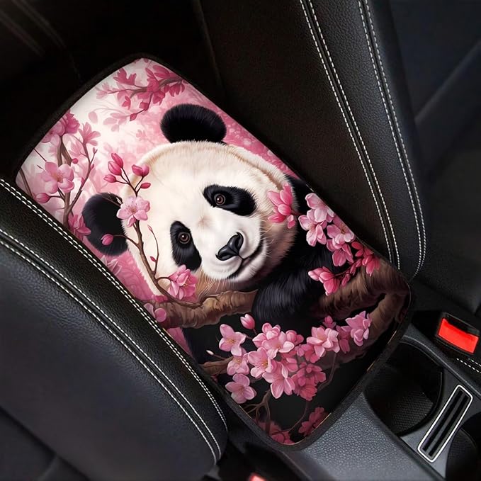 Dreaweet Car Armrest Cover Cherry Blossoms Panda Car Accessories Center Console Cover Replacement,Universal Armrest Cover for Car Center Console for Truck Sedan SUV