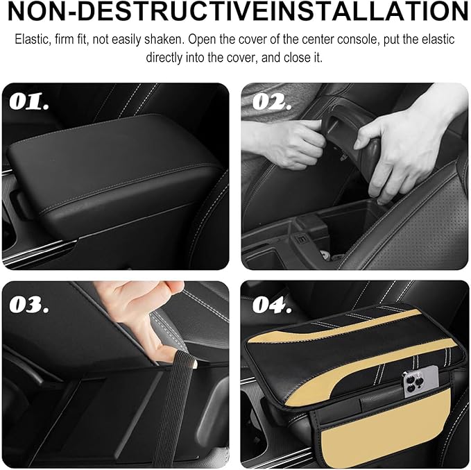 NBTEPEM Beige Center Console Cover, Sporty Leather Armrest Cover Cushion with 2 Storage Pockets, Universal Auto Middle Console Protector, Car Interior Accessories for Most SUV, Truck, Sedan Vehicles