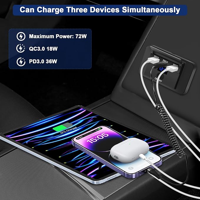 TSV 3 Port 12V USB Outlet Panel Wall Mount, 36W PD & Dual 18W QC3.0 Surface Mount Charger Socket Panel with Voltmeter Button Switch USB C Cable for Car RV Truck Marine