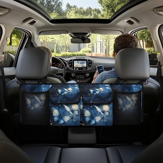 Blue Butterfly Print Car Trunk Organizer, Hanging Car Back Seat Storage Bag Multipurpose Auto Trunk Organizer Universal Automotive Trunk Storage Accessories