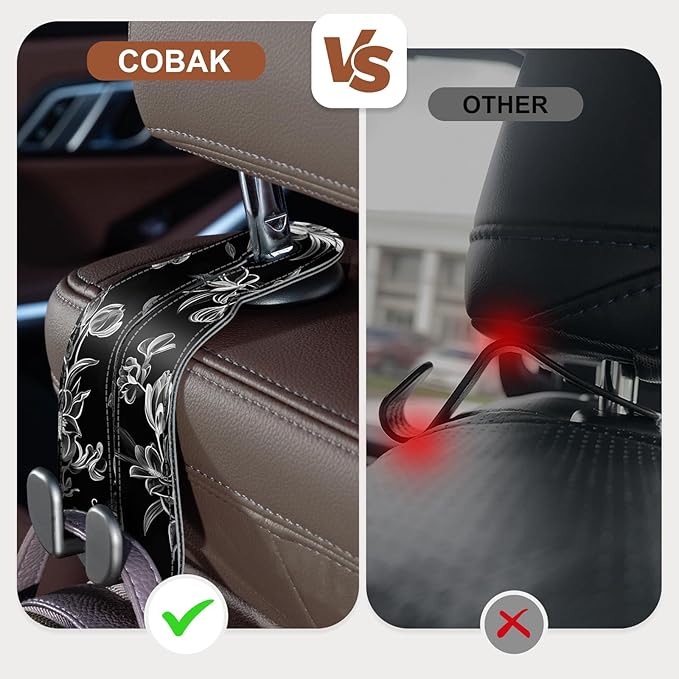 CoBak Purse Hook for Car - Universal Premium Stitched Leather and Aluminum-Magnesium Alloy Double Car Seat Back Storage Hook for Purses, Handbags, Bags (2 Pack),Floral Trace