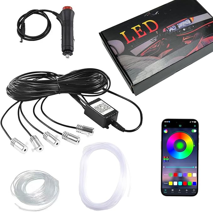 RGB LED Fiber Optic Car Interior Lights, APP Controlled Ambient Lighting Kit 236in, Music Sync, Dimmable, Timer Function, 5-in-1 Optical Fiber Ambient Light for Car Decoration, Universal Fit