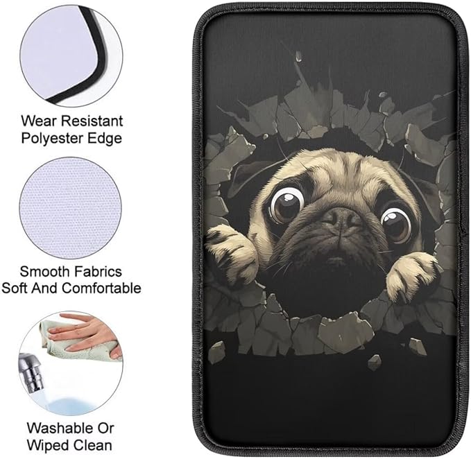 Funny Pug Car Center Console Armrest Pad Cute Dog Car Center Console Cover Dustproof Car Accessoriess Seat Box Pad for Auto Sedan, Van, SUV, Truck