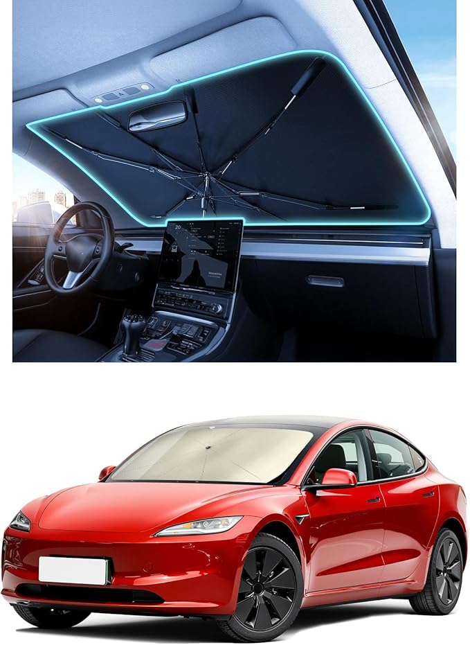 Windshield Sun Shade Umbrella – Custom-Fit for Model 3 (2017–2025), Vinyl Coating Heat Shield, 99% UV Blocking, Protects Touchscreen & Interior, Ice Crystal Cooling Material