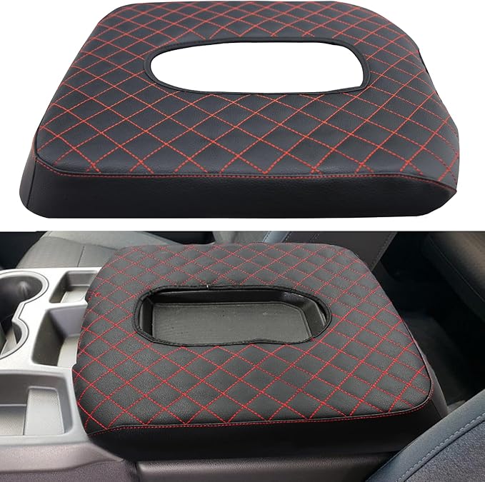 Center Console Armrest Cover for Chevy Silverado/GMC Sierra Accessories 2019-2024 2025 Arm Rest Box Leather Protective Case Middle Console Lid Cushion Pad Only for Jump Seat (Red Stitches)
