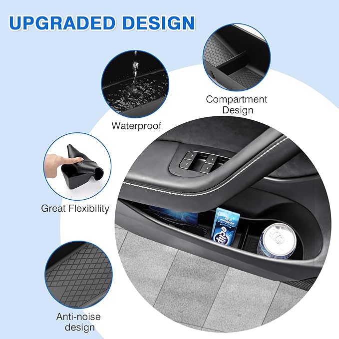 Canvcle Door Side Storage Box and Trash Can for 2024 2025 2026 Refresh Tesla Model 3 Highland Accessories Front Rear Door Insert Slot Storage Tray Organizer Protector Garbage Bin with Trash Bags 6PCS
