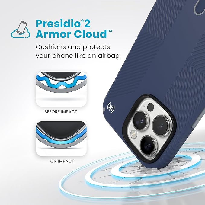 Speck Presidio 2 Grip iPhone 16 Pro Max Case - MagSafe and ClickLock - Slim Coastal Blue/Dust Grey