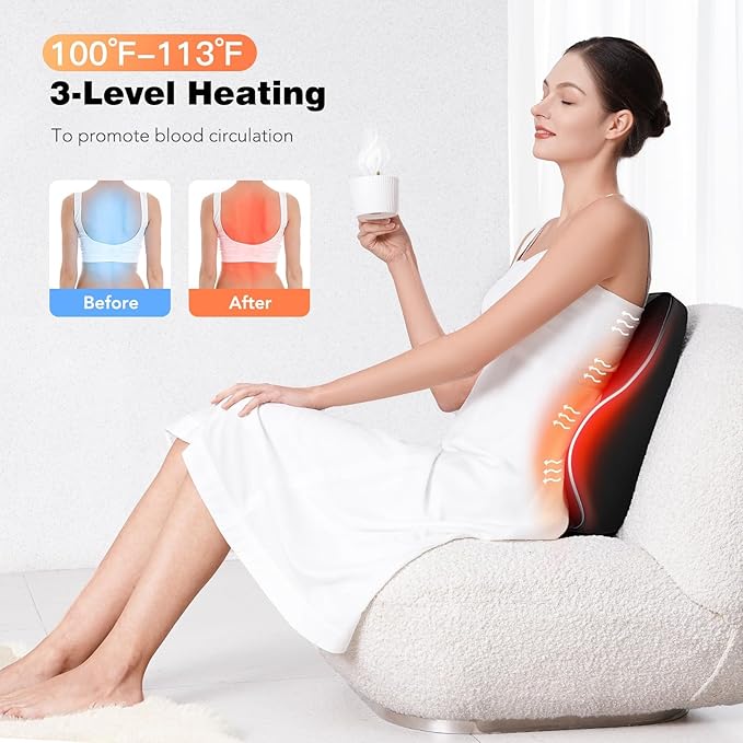 KNQZE Lumbar Support Pillow for Office Chair, Heated Back Support Pillow with Vibration, Back Massage for Pain Relief, 3 Heating Levels & 4 Motors & 3 Intensities, at Home Office Car Sofa - Black