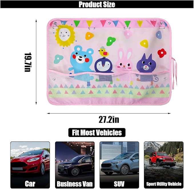 Car Window Shade for Baby, Blackout Car Window Curtain with Storage Pockets & 7 Suction Cups, Cartoon Pattern Cars Side Window Sun Shade Cover for Sun/Heat/UV Rays Protection (Pink-Animals)