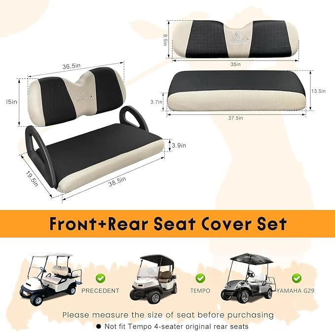 Golf Cart Seat Covers 2 PCS Front and Rear Seat Covers Sets for Club Car Precedent and Yamaha G29 Standard Seat Cushion,Replacement Cooling Breathable Washable No Stapler Needed(Black&Beige)