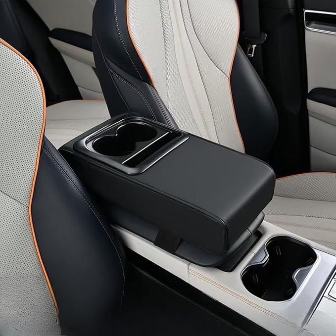 Center Console Cover Car Armrest Box Pad Leather Arm Rest Cushion with Cup Holder Mobile Phone Storage Armrest Protection Pad for Car (Pure Black, 13.58 * 8.07 * 2.95 inch)