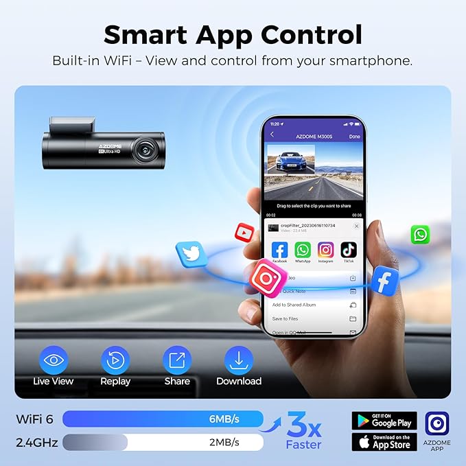 AZDOME M300S 4K Ultra HD Dual Dash Cam Front and Rear, Free 64GB Card, Built-in WiFi GPS Voice Control Car Camera, Night Vision, ADAS, 24 Hours Parking Monitor, Loop Recording (Matte Black)