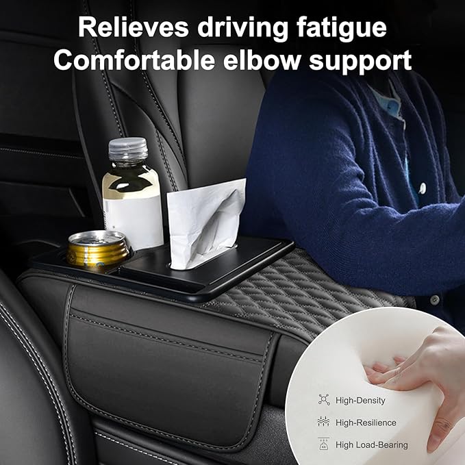 Car Center Console Cover, Upgraded Leather 5 in 1 Arm Rest Cover for Car with Cups Holder Storage Bags Tissue Box, Universal Interior Armrest Cushion for Almost Accessories Vehicles