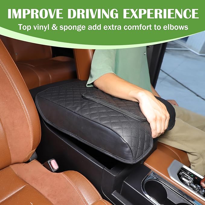 LLKUANG Car Center Console Armrest Cover Pad Fit for Toyota Tundra 2007-2021 Waterproof Leather Seat Armrest Box Cushion Pad Protector (Black-with Zipper)