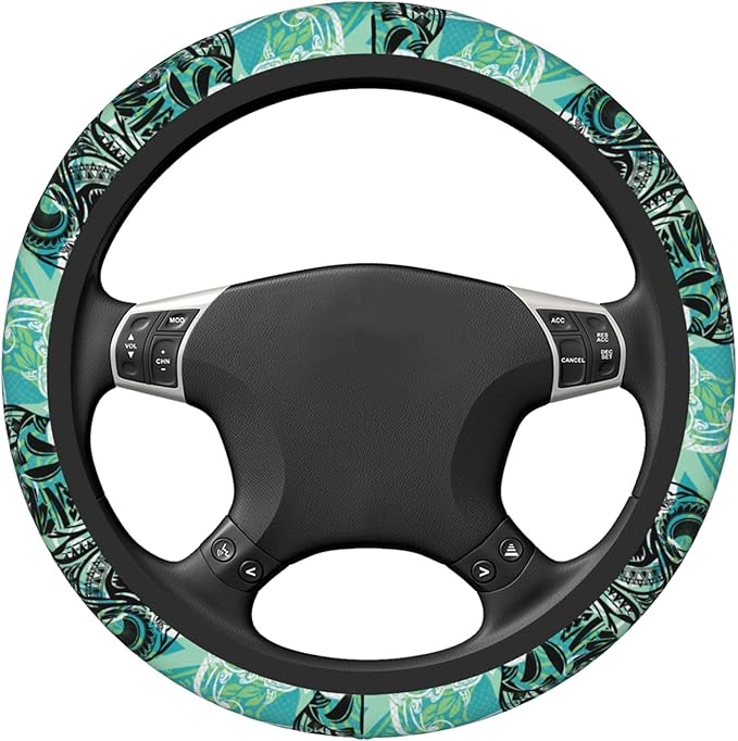 Hawaiian Sea Turtles Oceans Car Steering Wheel Cover for Women Men Stretch Cloth Anti-Slip Wrap Protector Case Fit Universal Auto Accessories Decor Sweat Absorption 14-15 Inch